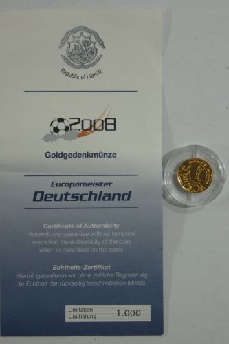 Liberia 10 Dollars 2007, Münze 585er Gold 1/25 oz, EM 2008, Zertifikat #EAB60