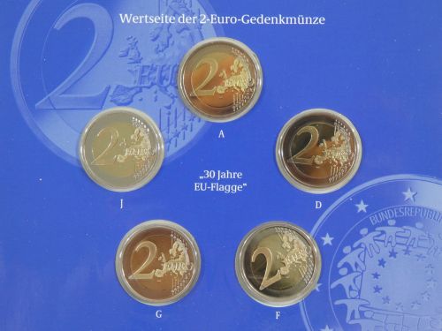 BRD Bund 2 Euro 2015 Gedenkmünzen Set (A,D,F,G,J) - 30 Jahre EU-Flagge #EAB97