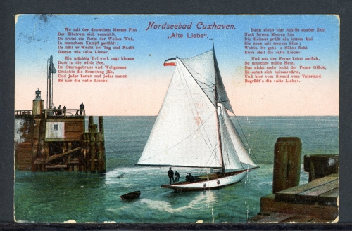 AK Cuxhaven Hafenausfahrt mit Segelschiff 1914 gebraucht #HK078