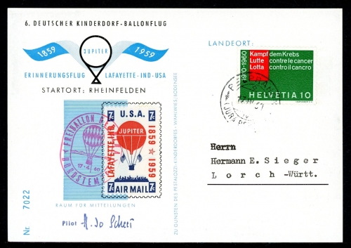 Bund Ballonpost 6. Kinderdorfballonflug 1959 Erinnerungsflug Lafyette #HK134