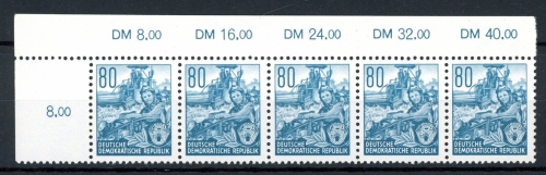 DDR waag. 5er Streifen Eckrand 378 XII postfrisch Randdruck #HS079
