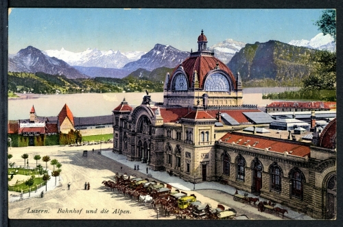 AK Luzern, Schweiz Bahnhof am Vierwaldstätter See, Alpen um 1900 gebraucht #HU273