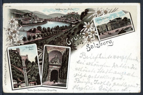 AK Salzburg, Südtirol Drahtseilbahn, Neutor, Salzach, Neues Theater 1896 gebraucht #HU278