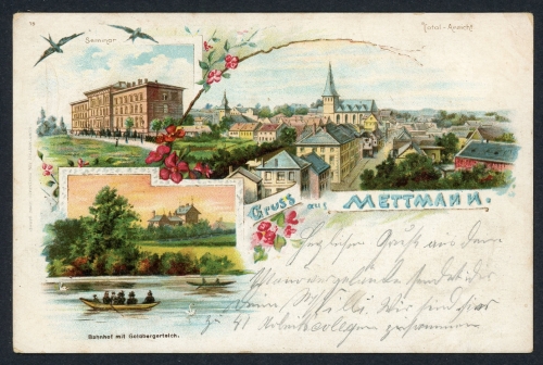 AK Mettmann Bahnhof m. Goldbergerteich, Seminar, Total-Ansicht 1903 gebraucht #HU485