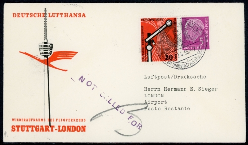 Lufthansa Erstflug Stuttgart-London 22.4.56 Mischfrankatur #HX303