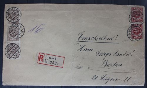Memel 3x 141,2x 146 auf Brief als Mischfrankatur als E-Brief nach Breslau #BB326
