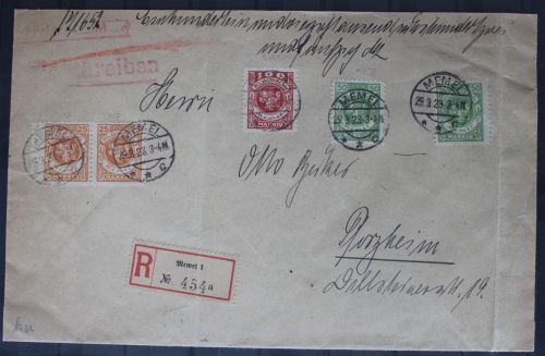 Memel 2x143,2x145,146 auf Brief als Mischfrankatur E-Brief nach Pforzheim #BB327