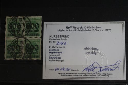 Deutsches Reich 308b gestempelt als Viererblock mit Fotobefund Tworek BPP #FP459