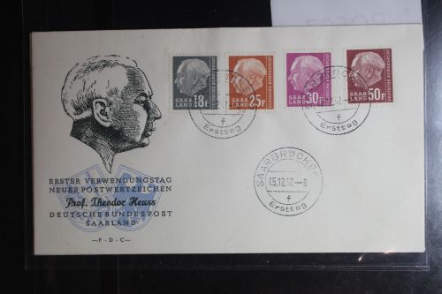Saarland 409 u.a. als Ersttagsbrief Heuss (II) verteilt auf 2 FDC #BC567