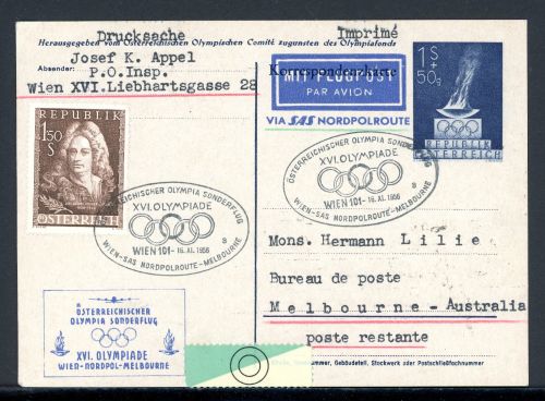 Österreich Ganzsache Olympia Sonderflug Wien-Melbourne gebraucht #JS101