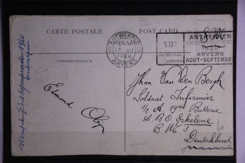 Belgien gestempelt auf Postkarte mit Stempel Olympische Spiele 1920 #GF555