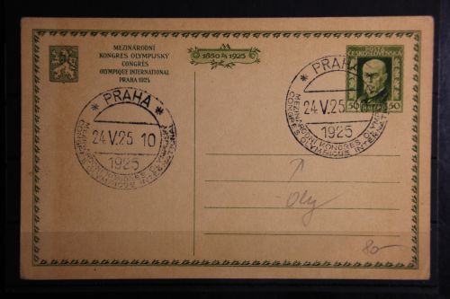Tschechoslowakei Ganzsache, Druck grün, Olympischer Kongress 1925 #FZ417