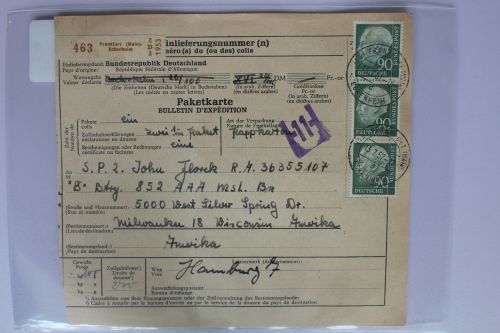 BRD 193 auf Paketkarte senkrechter 3er Streifen #BC808