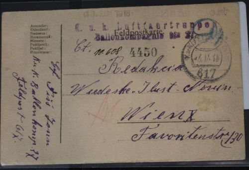 Feldpostkarte Stempel „K.u.K. Luftfahrtruppen Ballonkompagnie Nr. 27“ #BC069