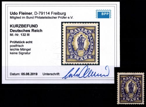 Deutsches Reich 132 III postfrisch ohne Aufdruck, Kurzbefund Fleiner BPP #HA107