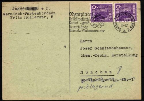 Alliierte Besetzung Werbestempel Olympiaort Garmisch Partenkirchen #IE405