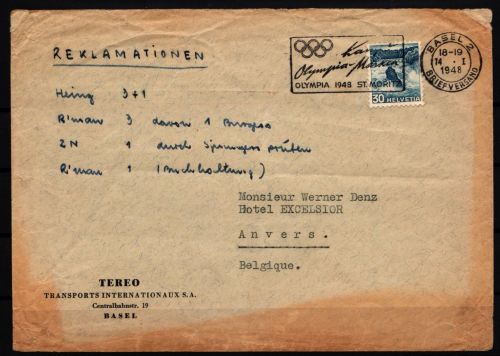 Schweiz 504 auf Brief Werbestempel Olympische Winterspiele 1948 #IE480
