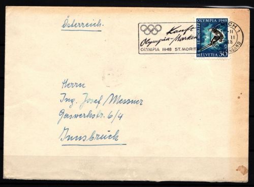 Schweiz 495 auf Brief Werbestempel Olympische Winterspiele 1948 #IE485