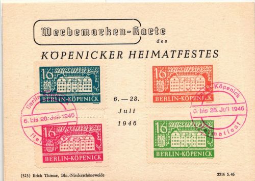 Berlin und Brandenburg Werbemarken auf Postkarte mit Sonderstempel #IK058