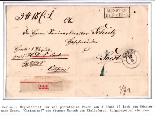 Vorphila Paketbegleitbrief aus Münster nach Soest #IB619