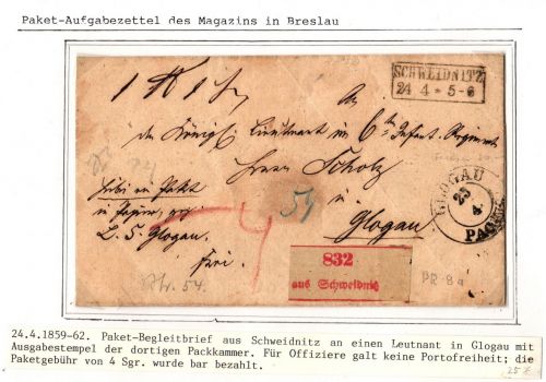 Preußen Paketbegleitbrief Barzahlung Glogau Ausgabe #IB664