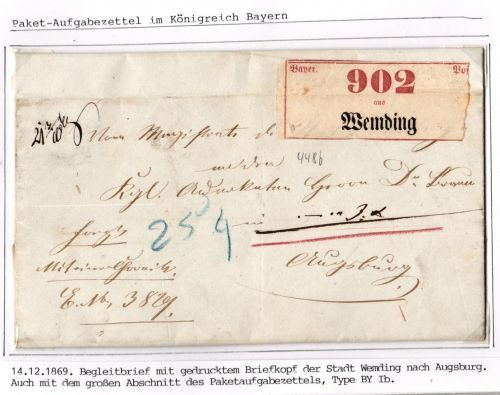 Bayern Paketbegleitbrief mit großem Aufgabezettel Wemding #IB798