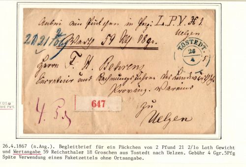 Hannover Paketbegleitbrief für Paket mit 59 Reichsthaler nach Uelzen #IB856