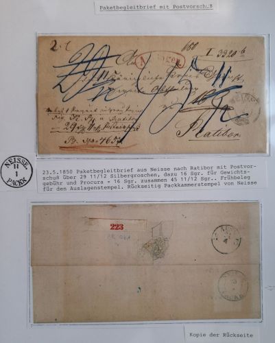 Preußen Paketbegleitbrief mit Postvorschuss und Auslagenstempel von 1850 #IB723