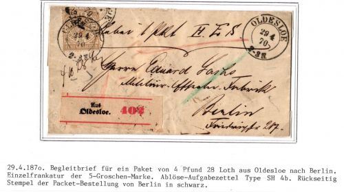 Norddeutscher Bund Paketbegleitbrief Oldesloe - Berlin, Aufgabezettel #IB967