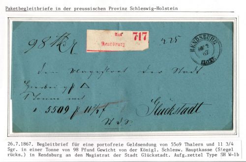 Norddeutscher Bund Paketbegleitbrief Rendsburg - Glückstadt Aufgabezettel #IB970