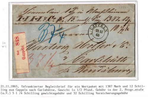 Schleswig-Holstein Paketbegleitbrief Cappen - Carlshütte, Aufgabezettel #IB977