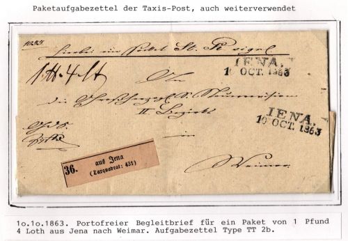 Thurn & Taxis Paketbegleitbrief Jena - Weimar, Aufgabezettel #IB984