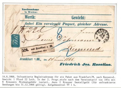 Thurn & Taxis Begleitadresse Frankfurt - Rennerod, Ausgabezettel #IB998