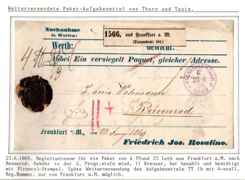 Norddeutscher Bund Paketaufgabezettel Frankfurt - Rennerod, Thurn & Taxis #IO504