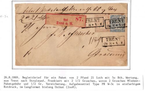 Norddeutscher Bund Paketbegleitbrief Wertsendung Trent - Stralsund #IO532