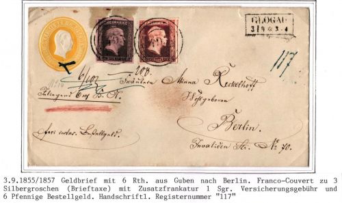 Preußen Geldbrief Franco Brief Glogau - Berlin #IO548