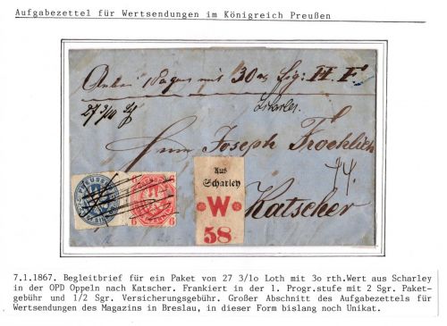Preußen Paketbegleitbrief Aufgabezettel Scharley - Kratscher #IO553