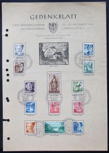 Alliierte Besetzung 1-15 auf Gedenkblatt 1. Pfälzer Briefmarkenauktion #IA365