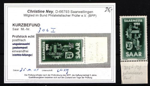 Saarland 306 PF I postfrisch Befund Ney BPP #IT400