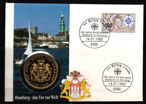 Bund 1993 Numisbirief gestempelt 125 Jahre Seefahrt in Hamburg #IQ601
