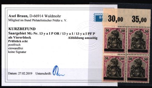 Saargebiet 13 y a I P OR, 13 y a I, 13 y a I PF P postfrisch Kurzbefund #IR693