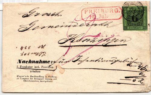Baden 7 auf Brief N 5 43 "Freiburg", Eisenbahn "Curs"-Stempel IV #JS809