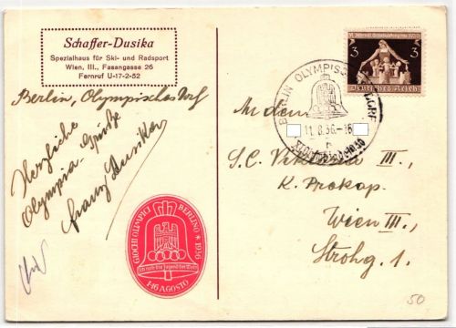 Deutsches Reich 617 auf Postkarte Schaffer-Dusika, Sommer Olympiade #JX316