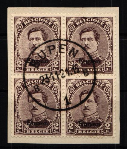 Belgische Militärpost im Rheinland Eupen 2 gestempelt als Viererblock #KB810