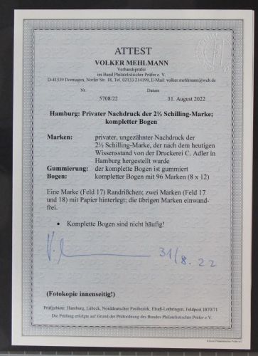 Hamburg priv. Nachdruck der 2 1/2 Schilling postfrisch