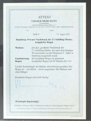 Hamburg priv. Nachdruck der 2 1/2 Schilling postfrisch kpl Bogen, Attest #KE234