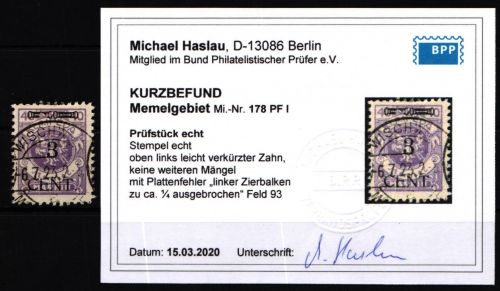 Memel 178 PF I gestempelt Plattenfehler mit Kurzbefund BPP #KR533