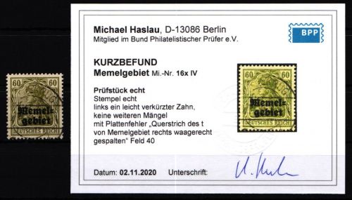 Memel 16 x IV gestempelt mit Kurzbefund BPP #KS922