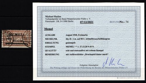 Memel 26 y II gestempelt mit Fotobefund BPP #KS927