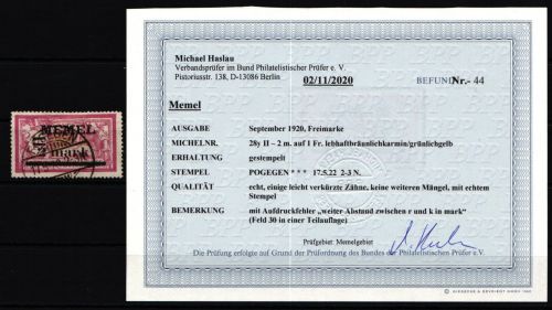 Memel 28 y II gestempelt mit Fotobefund BPP #KS928